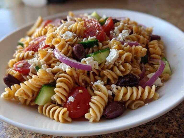 A close-up shot of a serving of vibrant greek pasta salad featuring rotini pasta, cucumber, tomatoes, red onion, Kalamata olives, and feta cheese.
