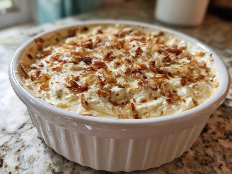 A creamy, rich onion dip topped generously with crispy, caramelized onions, served in a white fluted bowl.