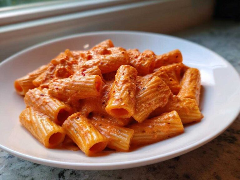 Close-up of rigatoni pasta coated in rich pink sauce pasta served on a white plate.