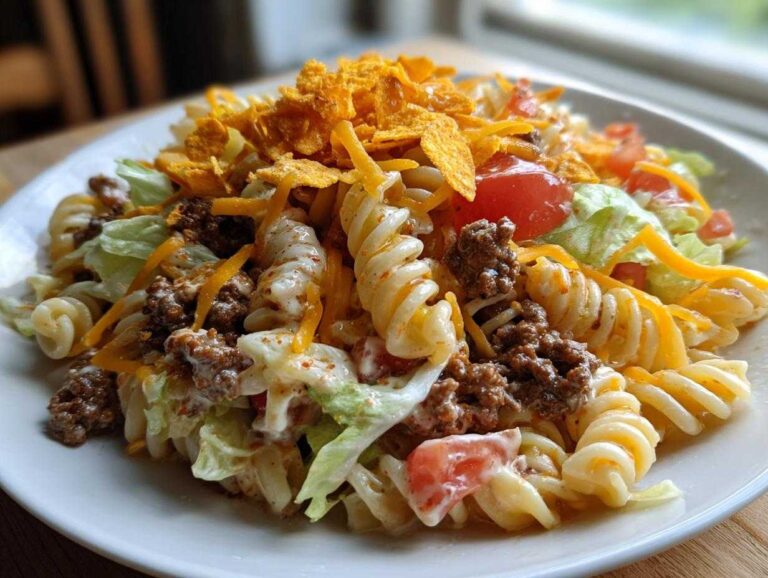 A close-up of a serving of taco pasta salad featuring rotini pasta, seasoned ground beef, lettuce, tomatoes, cheese, and crushed tortilla chips.