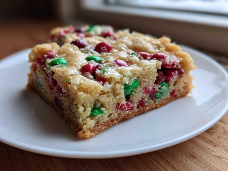 A thick, chewy square of christmas cookie bars studded with red and green M&M candies, served on a white plate.