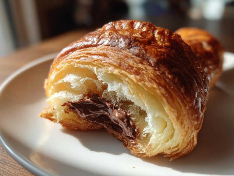 A close-up shot showing the flaky interior and melted chocolate filling of a delicious chocolate croissant.