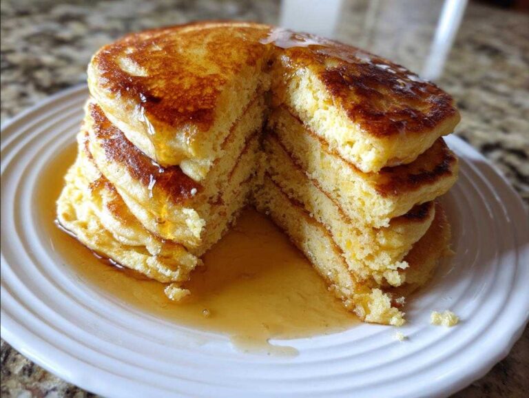 A tall stack of fluffy almond flour pancakes cut to show the texture, drizzled heavily with maple syrup.