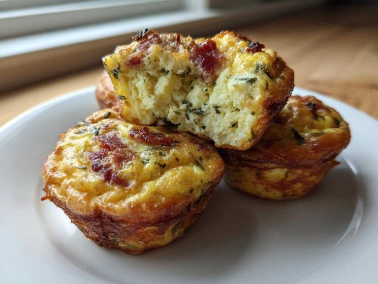 Close-up of three golden brown bacon and herb egg bites stacked on a white plate, one is broken open showing the fluffy interior.