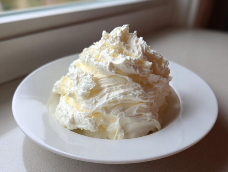 A generous swirl of bright white, fluffy cream cheese frosting piled high on a small white plate.
