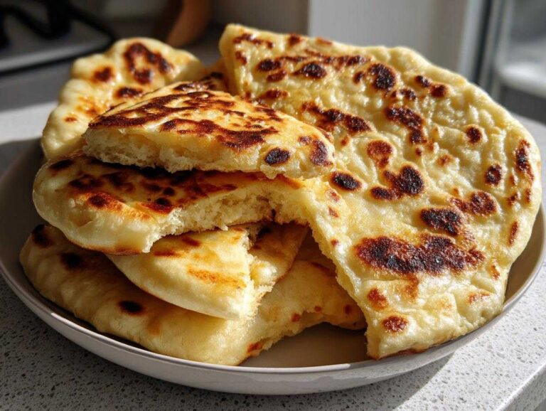 A stack of freshly cooked, soft naan bread, showing charred bubbles and a fluffy interior.