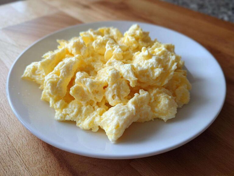 A serving of perfectly fluffy scrambled eggs piled high on a simple white plate.