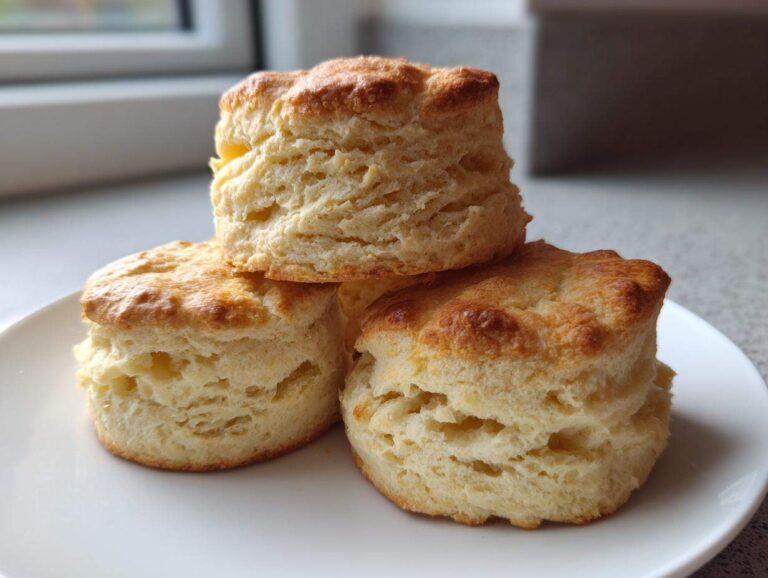 Three tall, fluffy, golden-brown scones stacked on a white plate, showcasing their flaky layers.