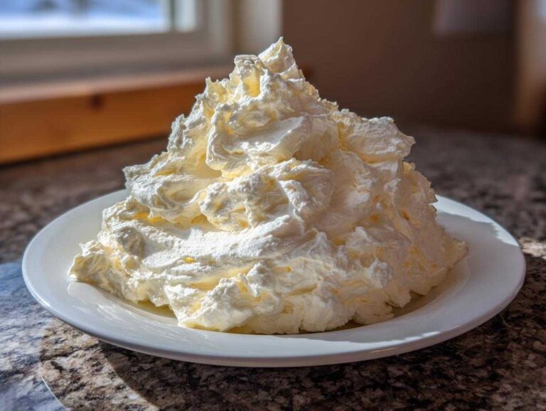 A large, fluffy mound of freshly made vanilla buttercream frosting piled high on a white plate.