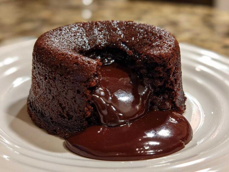 A freshly baked chocolate lava cake with molten chocolate oozing out onto a white plate.