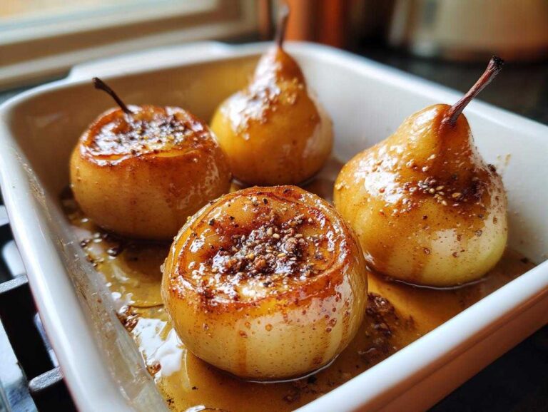 Four glistening baked pears sitting in a syrupy glaze inside a white baking dish.