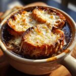 Close-up of bubbling french onion soup topped with toasted bread and melted, browned Gruyère cheese.