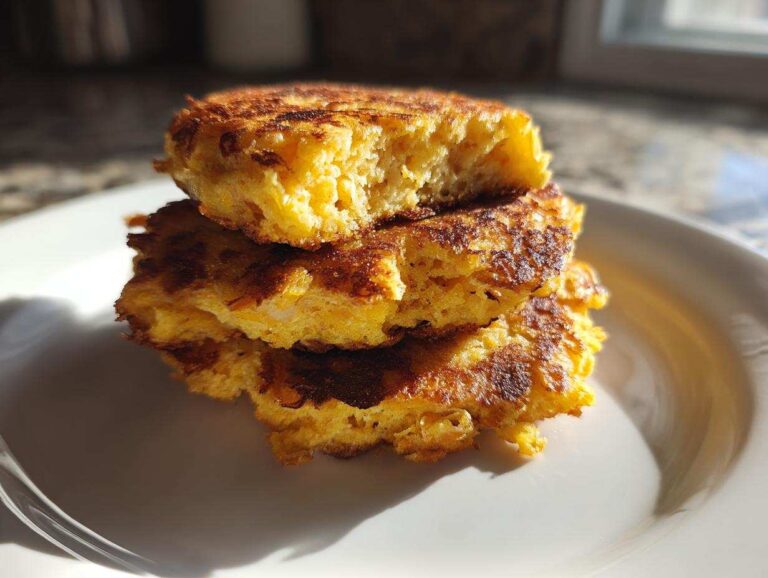 A stack of three golden brown fried cornbread patties, one broken open to show the fluffy interior.