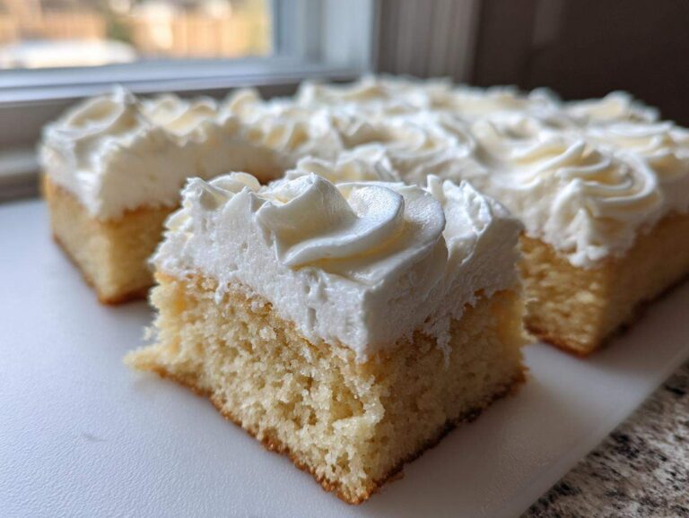 A close-up of a thick slice of light-colored sugar cookie bars topped with piped white frosting.