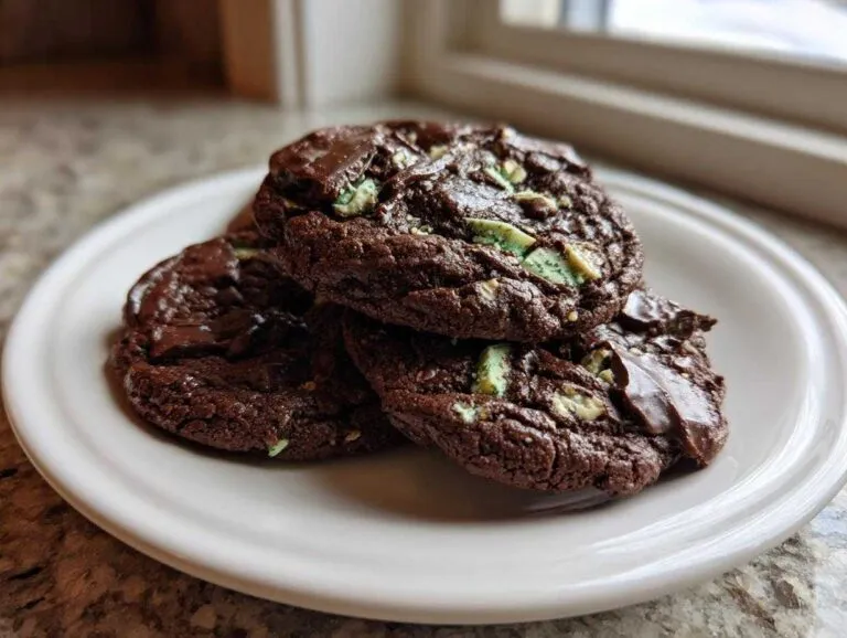 Three fudgy chocolate andes mint cookies stacked on a white plate, showing melted chocolate chips and green mint pieces.
