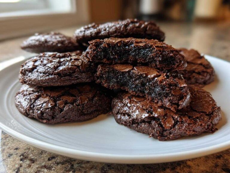 A stack of rich, dark brownie cookies with cracked tops, one broken open to show the fudgy interior.