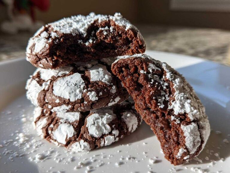 A stack of three fudgy chocolate crinkle cookies dusted heavily with powdered sugar, one broken open to show the texture.