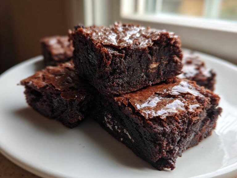 Close-up of fudgy Oreo brownies stacked on a white plate, showing their shiny, cracked tops.