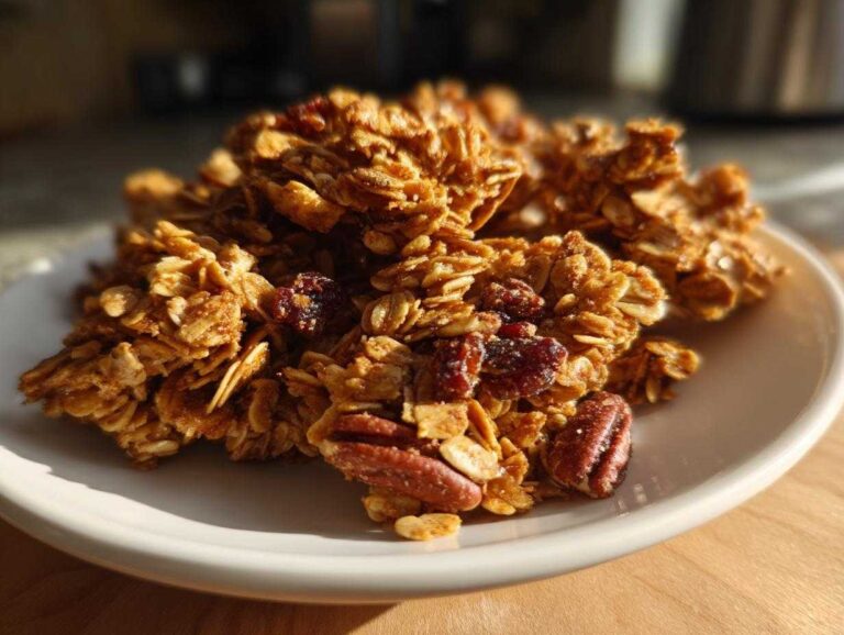 Close-up of crunchy clusters of gingerbread granola mixed with pecans and dried cranberries on a white plate.