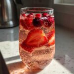A tall glass filled with bubbling pink champagne punch, garnished with fresh strawberry slices and whole cranberries.