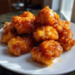 A pile of crispy, deep-fried chicken pieces coated in a thick, glossy orange sauce, ready for an orange chicken recipe.