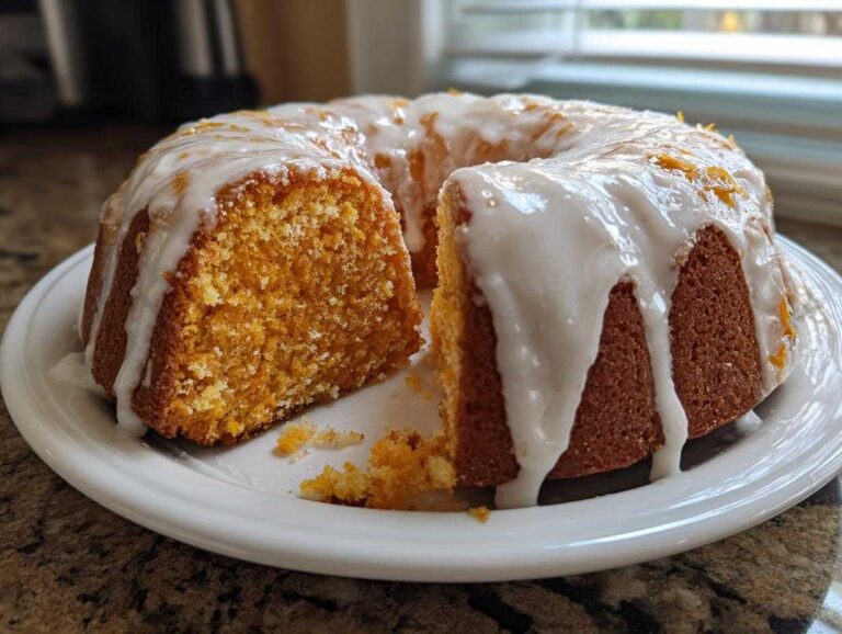 A rich orange sweet potato pound cake drizzled with white glaze, sitting on a white plate with one slice cut out.