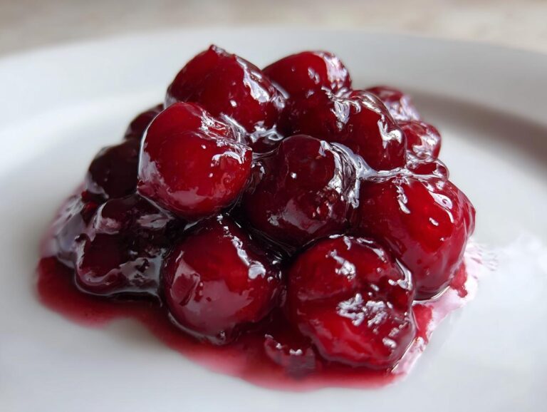 Close-up of glossy, deep red homemade cherry pie filling piled on a white plate.