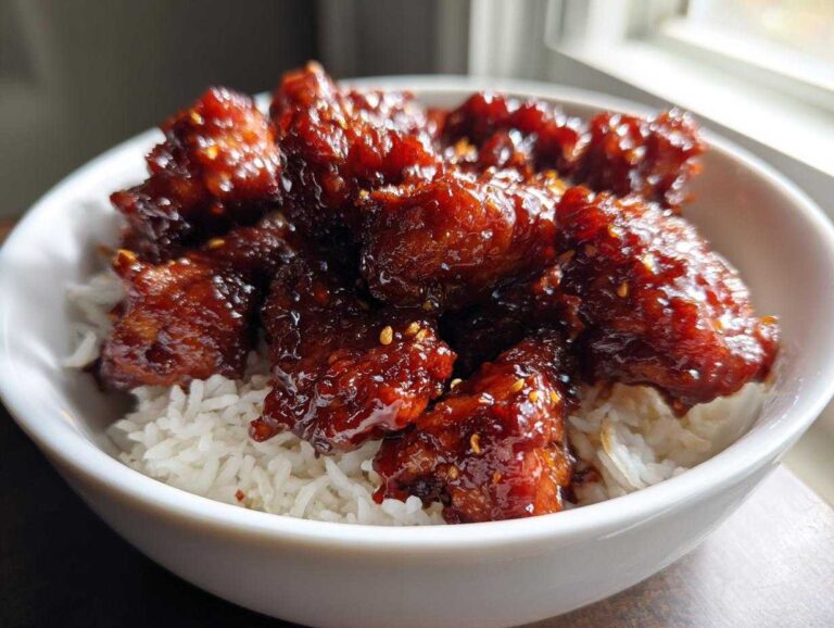 Close-up of sticky, glazed gochujang chicken pieces piled high over a bed of fluffy white rice in a white bowl.