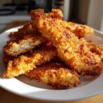 A close-up of several crispy, golden brown air fryer chicken tenders piled high on a white plate.