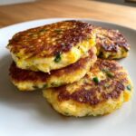 A stack of four perfectly golden brown, pan-fried mashed potato cakes garnished with green chives.