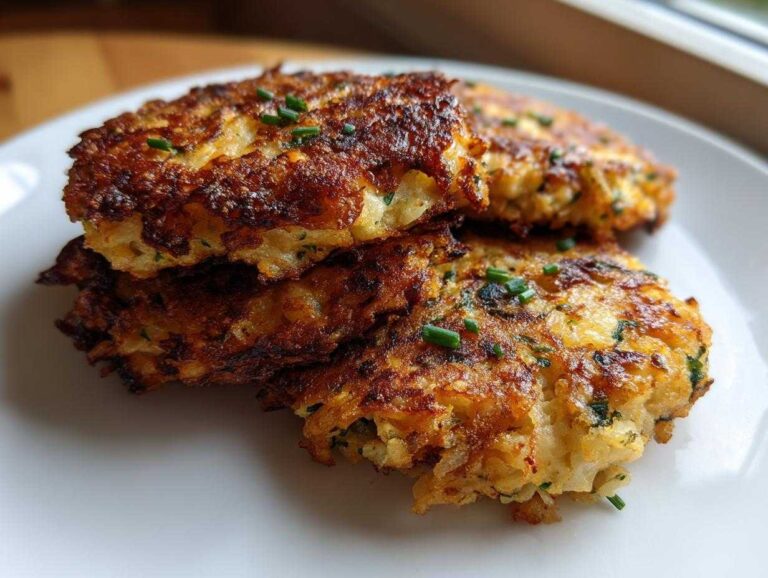 A stack of three golden brown, crispy mashed potato cakes garnished with fresh chives on a white plate.