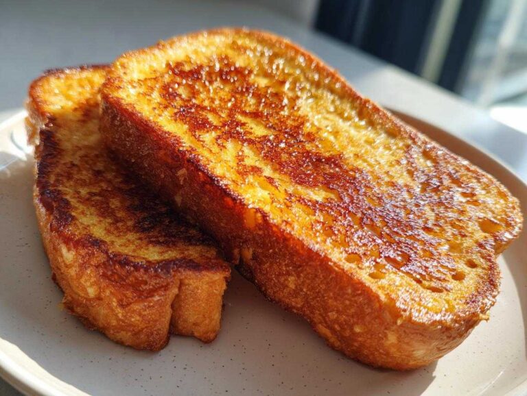 Two thick slices of golden brown sourdough french toast glistening under sunlight on a light plate.