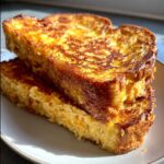 Two thick slices of perfectly golden brown sourdough french toast stacked on a plate.