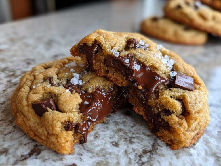 A perfect chocolate chip cookie, broken in half to show molten chocolate center and topped with flaky sea salt.