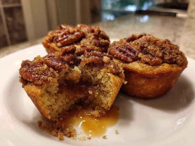 Three pecan pie muffins on a white plate, one is broken open revealing a gooey caramel center and pecan topping.