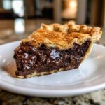 Close-up of a rich, gooey slice of hot fudge pie showing the flaky crust and molten chocolate center.