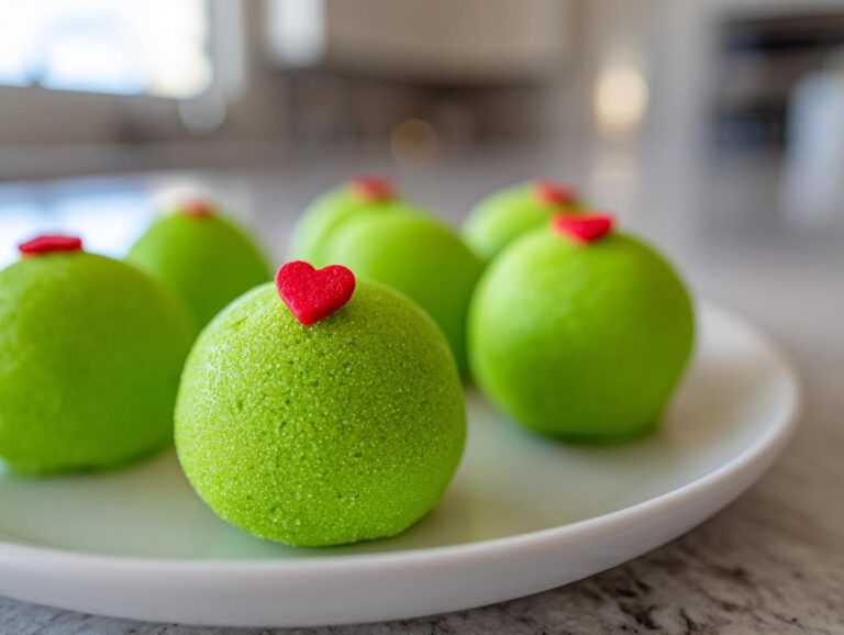 Close-up of several bright green Grinch Oreo Balls topped with small red heart sprinkles on a white plate.