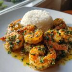 Close-up of succulent Hawaiian garlic shrimp coated in butter sauce and parsley, served next to a mound of white rice.