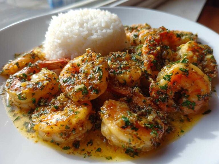 Close-up of juicy Hawaiian garlic shrimp coated in garlic butter and parsley, served next to a scoop of white rice.