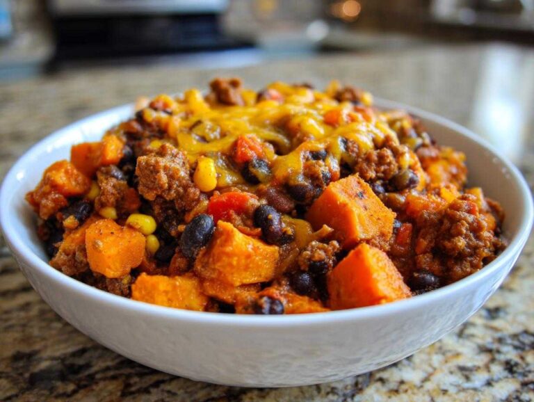 Close-up of a white bowl filled with a hearty sweet potato skillet featuring ground meat, black beans, corn, and melted cheese.