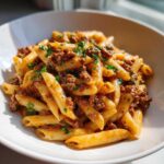 Close-up of a white bowl filled with penne beef pasta tossed in a rich sauce and topped with fresh chopped parsley.