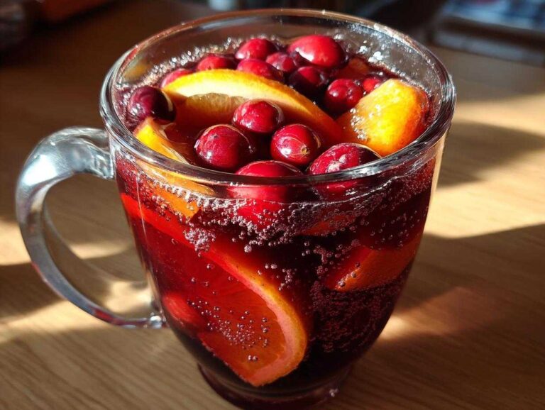 Close-up of a glass mug filled with bubbling holiday sangria, garnished with orange slices and fresh cranberries.