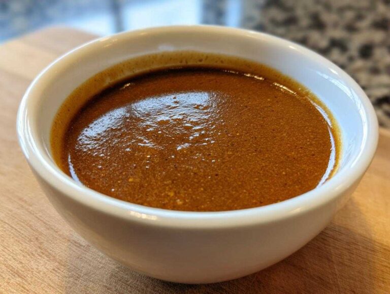 Close-up of rich, dark homemade brown gravy served in a small white bowl on a wooden surface.
