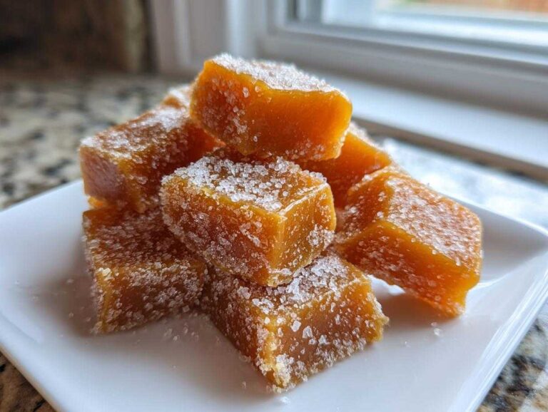 A stack of rich, orange-hued homemade caramel squares generously coated in granulated sugar.
