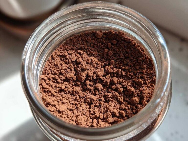 Overhead close-up view of rich brown homemade hot cocoa mix powder stored in a clear glass jar.