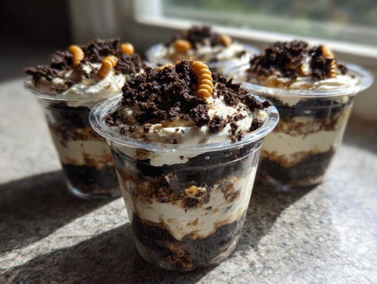 Four individual servings of layered dirt cake in clear plastic cups, topped with crushed cookies and gummy worms.