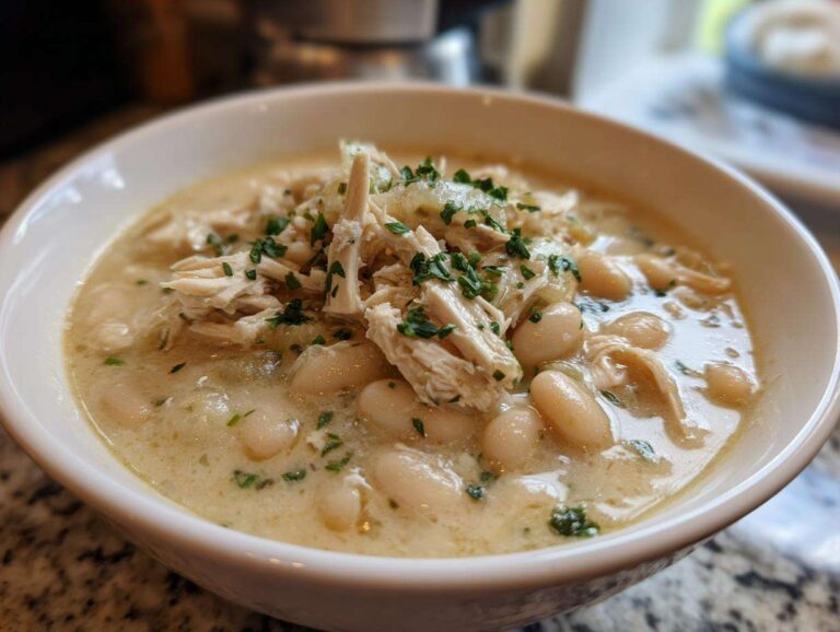 Close-up of a creamy bowl of instant pot white chicken chili topped with shredded chicken and fresh parsley.