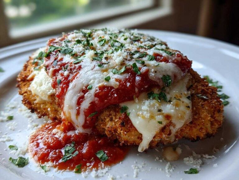 Close-up of a perfectly cooked chicken parmesan recipe cutlet topped with melted mozzarella, marinara sauce, and fresh parsley.