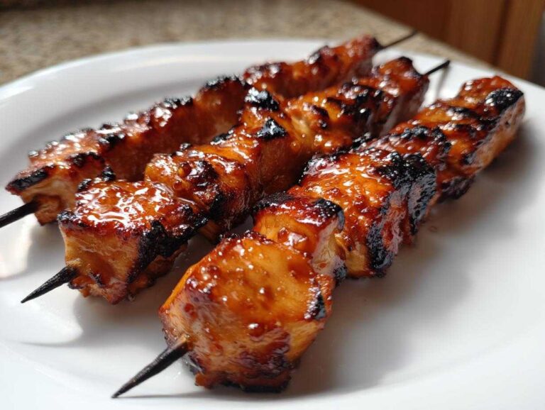 Three skewers of perfectly grilled, glazed, and slightly charred chicken skewers resting on a white plate.