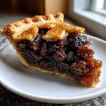 Close-up of a slice of juicy mincemeat pie showing rich, dark fruit filling and a golden lattice crust.